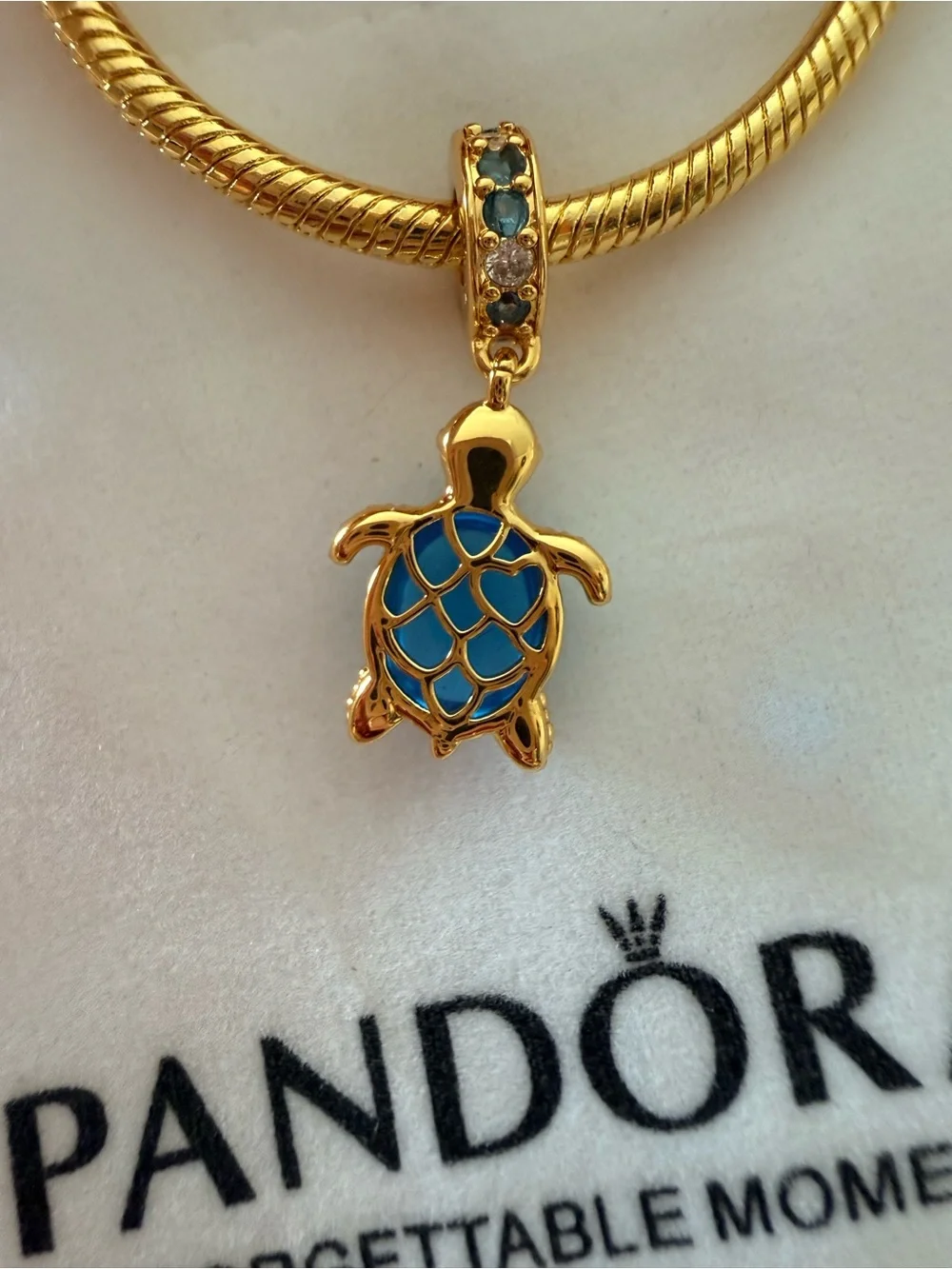 Pandora Gold Turtle Charm with Teal Stones